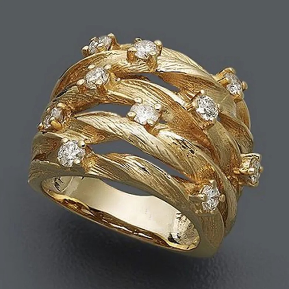 Gorgeous 18k Yellow Gold Over Silver White Sapphires Intertwined Bands Ring